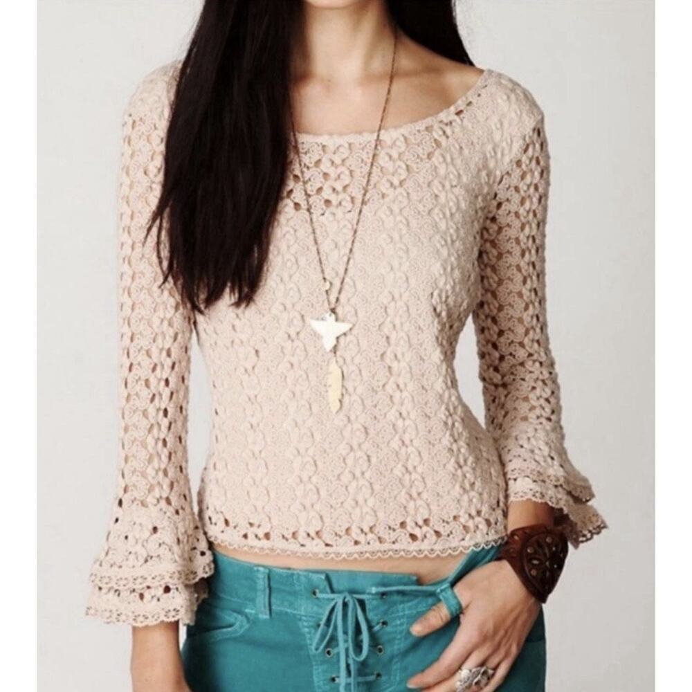 Free People Crochet Knit Top Bell Sleeve Boho Hippie Festival Womens Sz L Beige